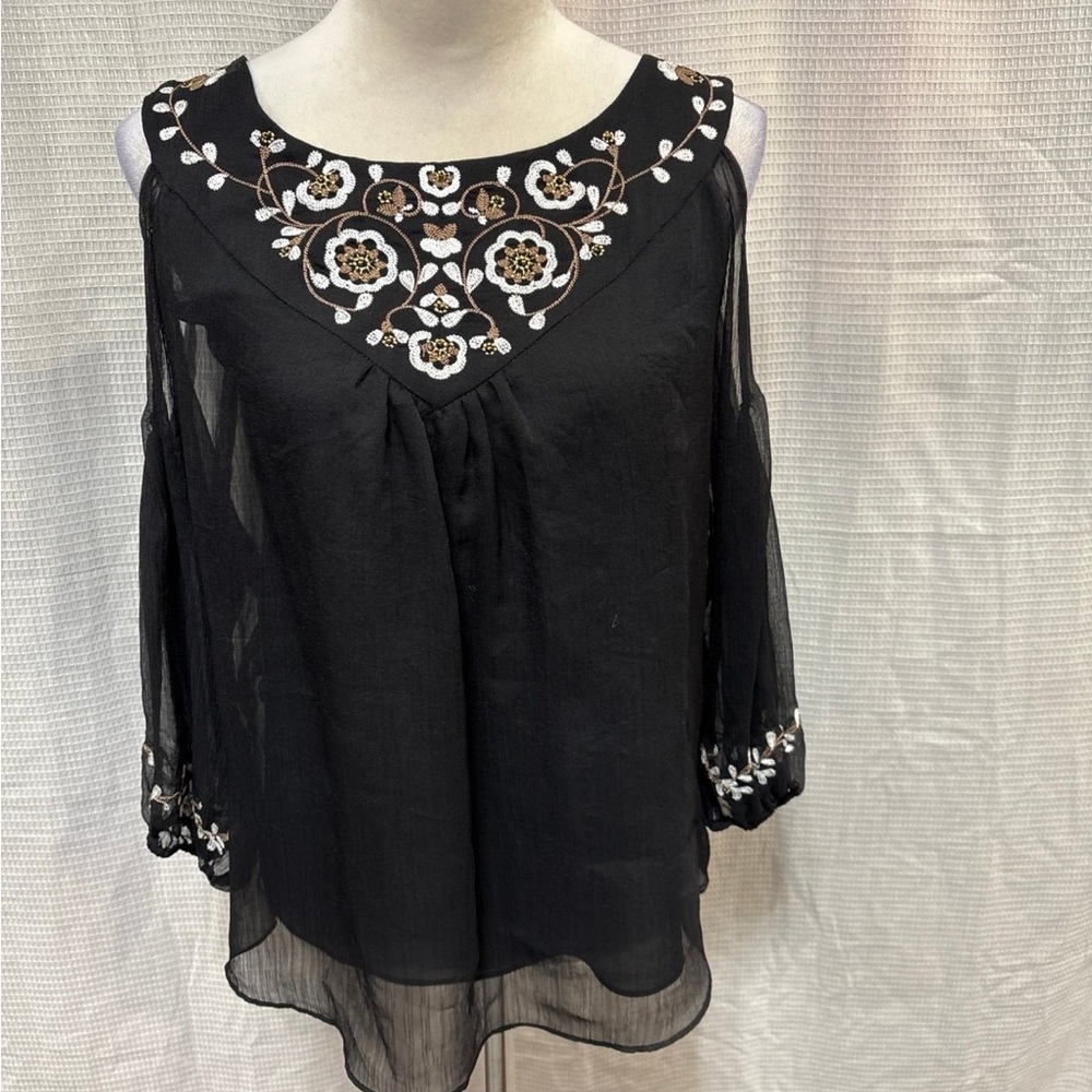 White House Black Market Black Sheer Blouse with Embroidery